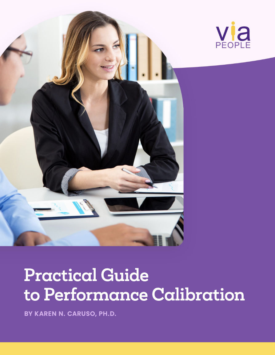 Cover of Practical Guide to Performance Calibration featuring female People Operations Specialist leading performance calibration meeting